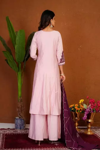 Embroidered raoman silk anarkali kurta with pant & dupatta set for women