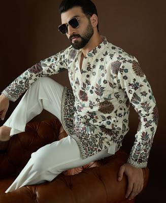 Men’s white georgette solid embroidered kurta with trouser set | trendy designer ethnic wear for wedding, festive 2