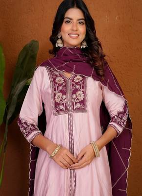 Embroidered raoman silk anarkali kurta with pant & dupatta set for women 3