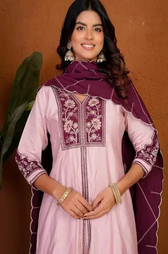 Embroidered raoman silk anarkali kurta with pant & dupatta set for women