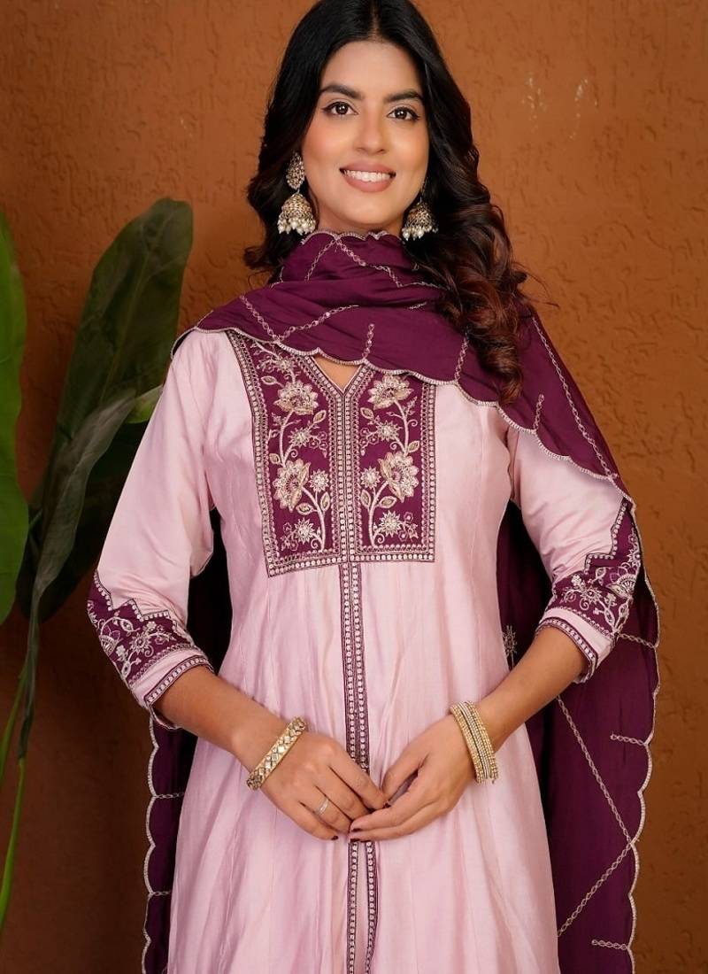 Embroidered raoman silk anarkali kurta with pant & dupatta set for women