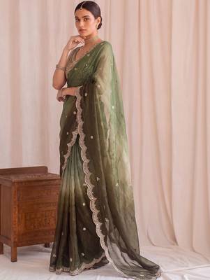Green ombre embroidered tissue designer saree 3