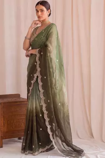 Green ombre embroidered tissue designer saree