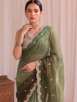 Green ombre embroidered tissue designer saree 4