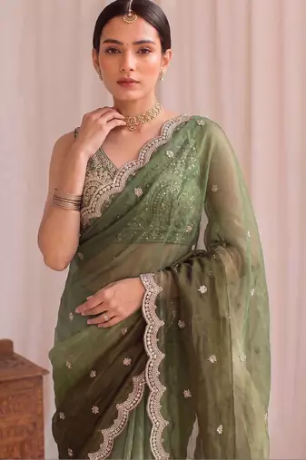 Green ombre embroidered tissue designer saree