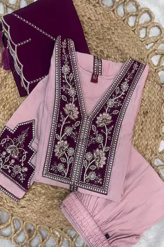 Embroidered raoman silk anarkali kurta with pant & dupatta set for women