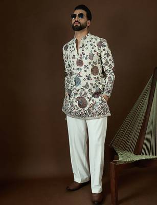 Men’s white georgette solid embroidered kurta with trouser set | trendy designer ethnic wear for wedding, festive 1