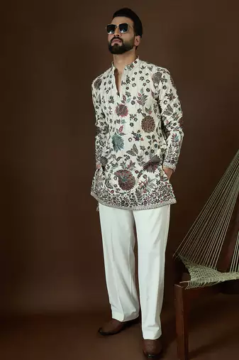 Men’s white georgette solid embroidered kurta with trouser set | trendy designer ethnic wear for wedding, festive