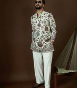 Men’s white georgette solid embroidered kurta with trouser set | trendy designer ethnic wear for wedding, festive