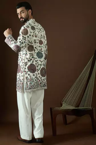 Men’s white georgette solid embroidered kurta with trouser set | trendy designer ethnic wear for wedding, festive