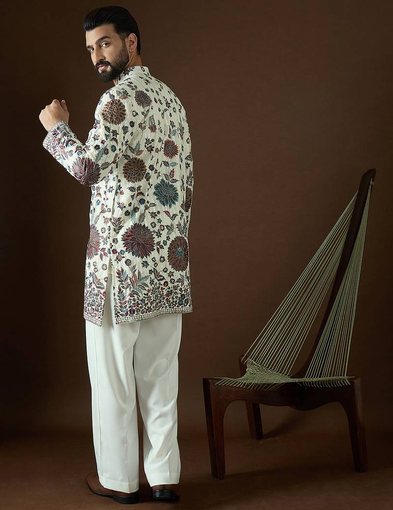 Men’s white georgette solid embroidered kurta with trouser set | trendy designer ethnic wear for wedding, festive