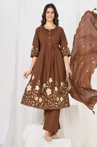 Embroidered cotton kurta with pant & dupatta set for women