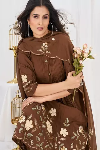 Embroidered cotton kurta with pant & dupatta set for women