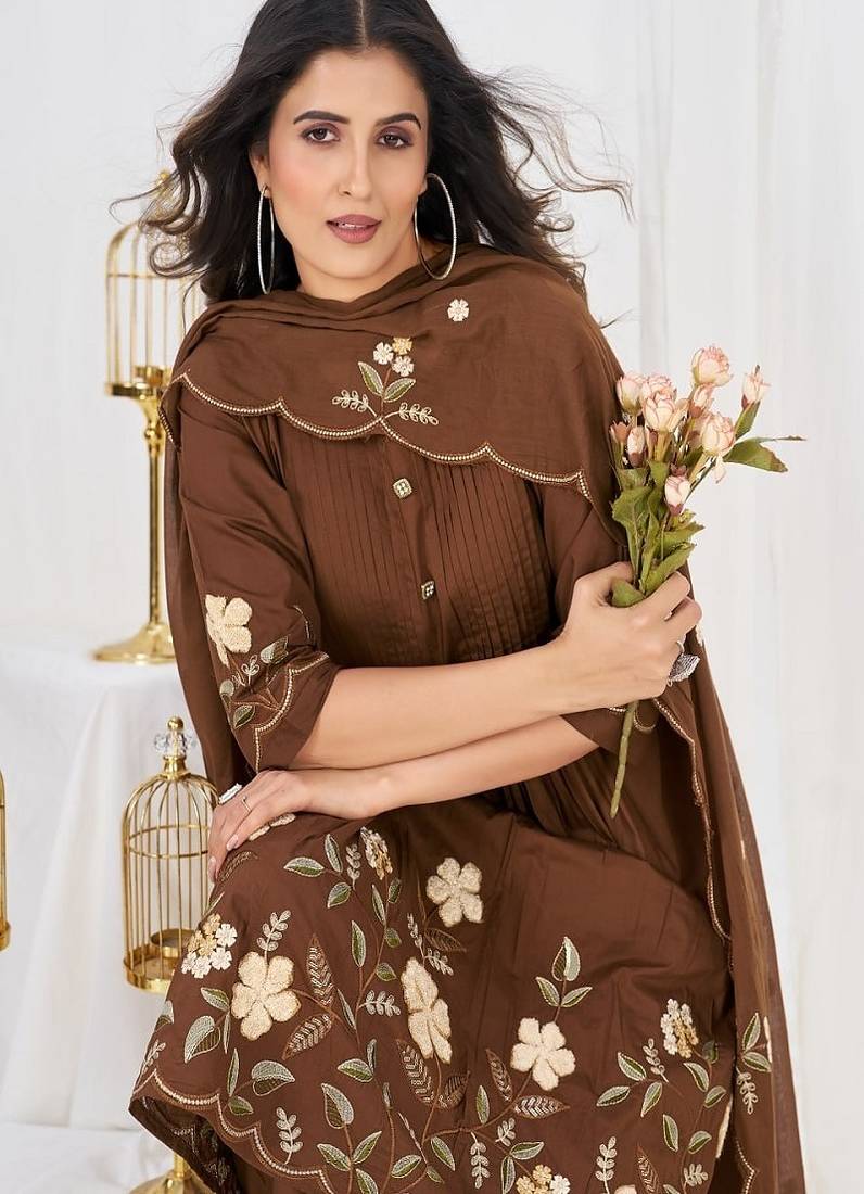 Embroidered cotton kurta with pant & dupatta set for women