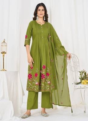 Embroidered cotton kurta with pant & dupatta set for women 1