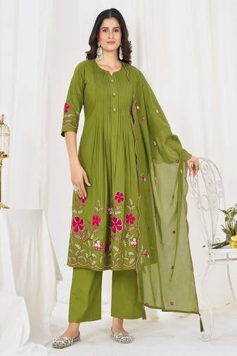Embroidered cotton kurta with pant & dupatta set for women