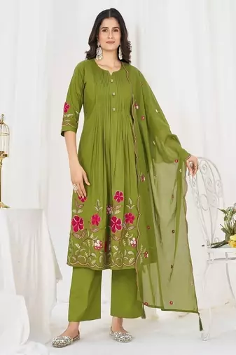 Embroidered cotton kurta with pant & dupatta set for women