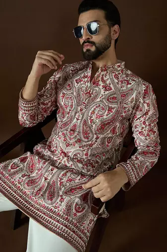 Men’s off white georgette solid embroidered kurta with trouser set | trendy designer ethnic wear for wedding, festive