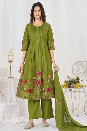 Embroidered cotton kurta with pant & dupatta set for women