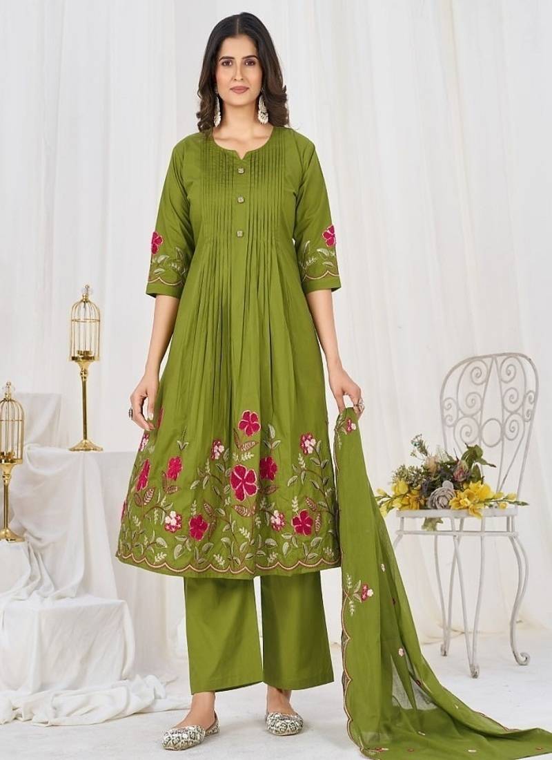 Embroidered cotton kurta with pant & dupatta set for women