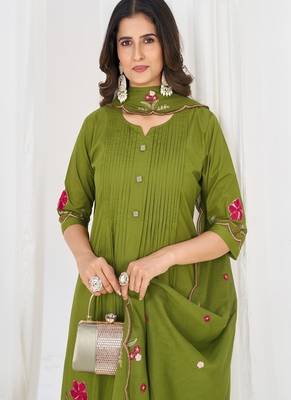 Embroidered cotton kurta with pant & dupatta set for women 4
