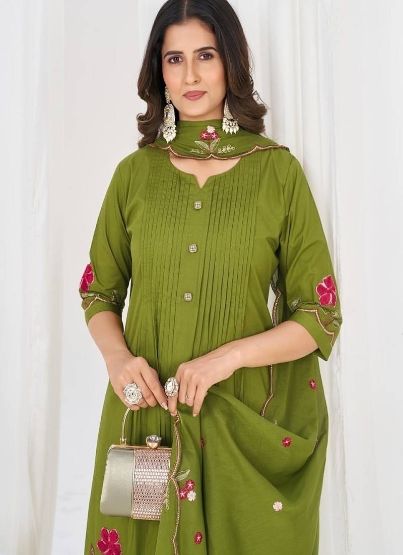 Embroidered cotton kurta with pant & dupatta set for women