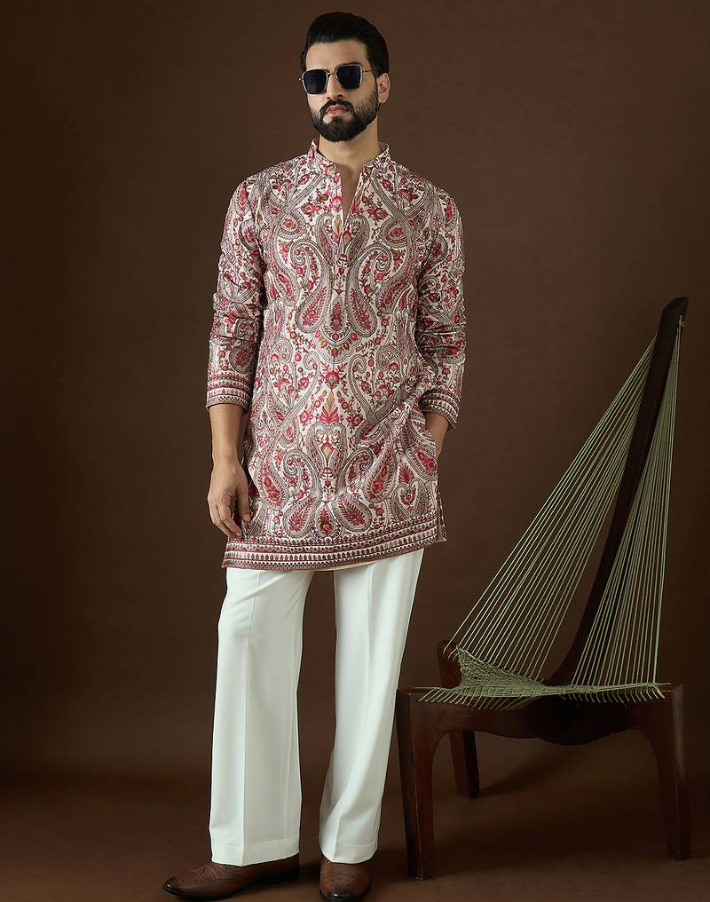 Men’s off white georgette solid embroidered kurta with trouser set | trendy designer ethnic wear for wedding, festive