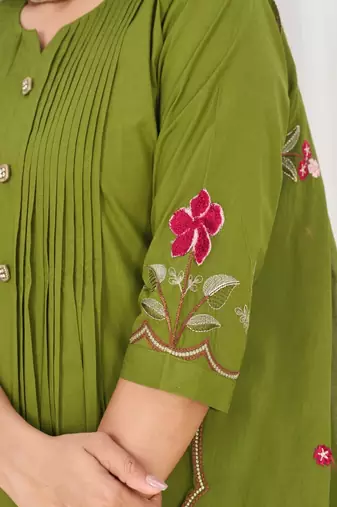 Embroidered cotton kurta with pant & dupatta set for women