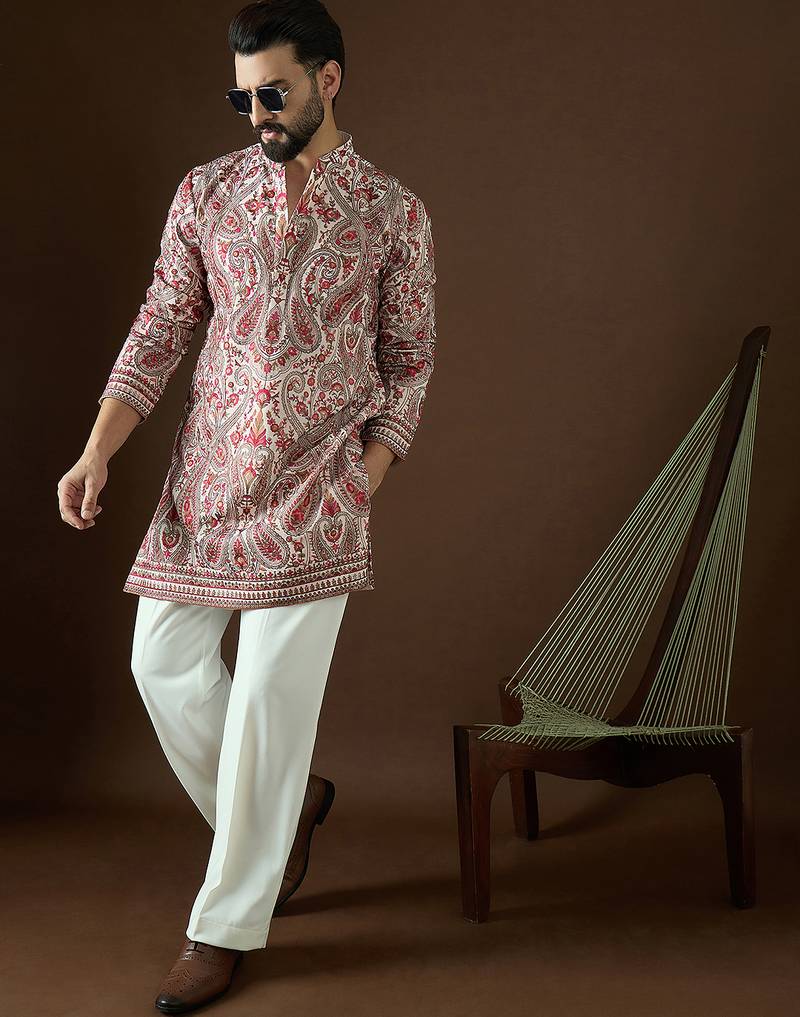 Men’s off white georgette solid embroidered kurta with trouser set | trendy designer ethnic wear for wedding, festive