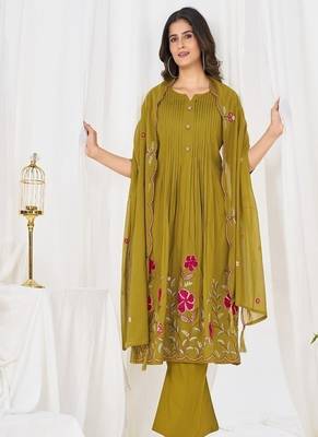 Embroidered cotton kurta with pant & dupatta set for women 1