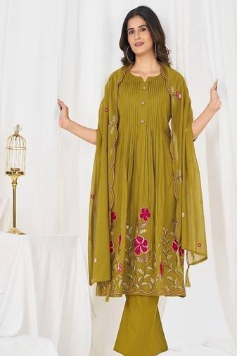 Embroidered cotton kurta with pant & dupatta set for women