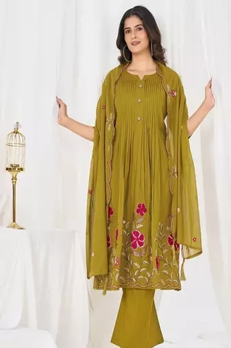 Embroidered cotton kurta with pant & dupatta set for women