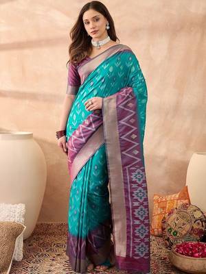 Turquoise woven design ikat sarees 1