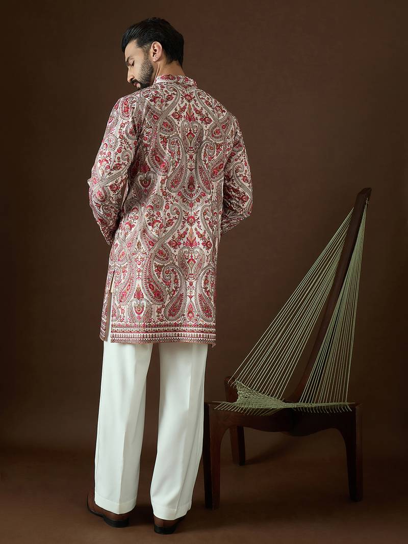 Men’s off white georgette solid embroidered kurta with trouser set | trendy designer ethnic wear for wedding, festive