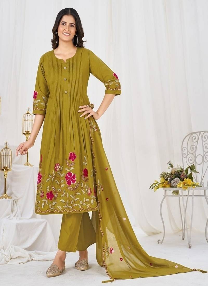 Embroidered cotton kurta with pant & dupatta set for women