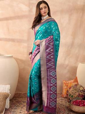 Turquoise woven design ikat sarees 2