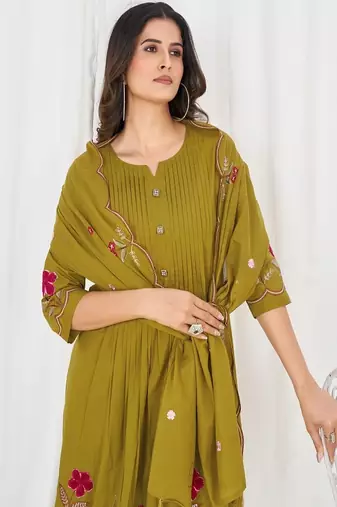 Embroidered cotton kurta with pant & dupatta set for women