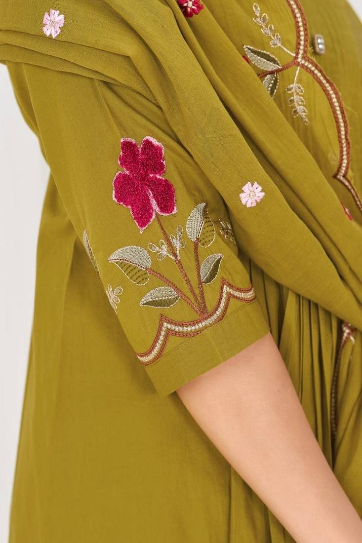 Embroidered cotton kurta with pant & dupatta set for women