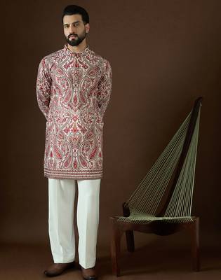 Men’s off white georgette solid embroidered kurta with trouser set | trendy designer ethnic wear for wedding, festive 5