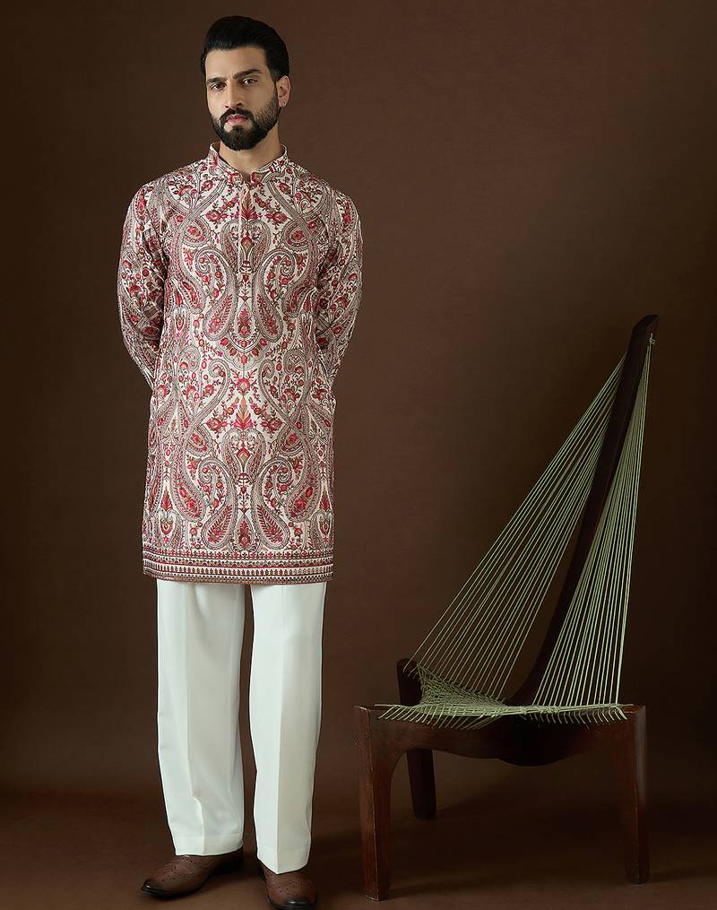 Men’s off white georgette solid embroidered kurta with trouser set | trendy designer ethnic wear for wedding, festive