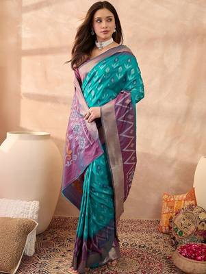 Turquoise woven design ikat sarees 3