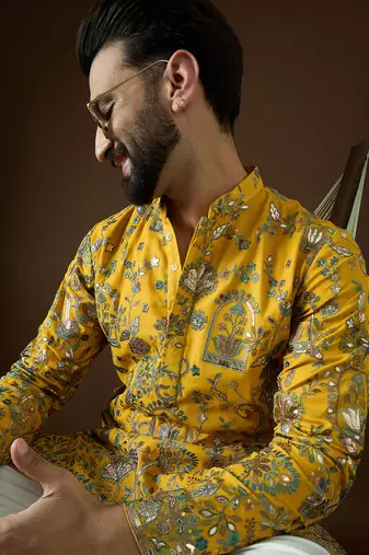 Men’s yellow georgette solid embroidered kurta with trouser set | trendy designer ethnic wear for wedding, festive