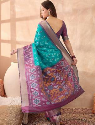 Turquoise woven design ikat sarees 4