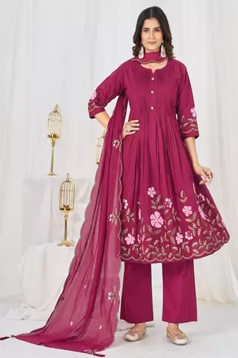 Embroidered cotton kurta with pant & dupatta set for women
