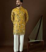 Men’s yellow georgette solid embroidered kurta with trouser set | trendy designer ethnic wear for wedding, festive