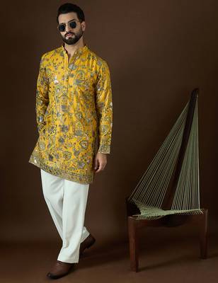 Men’s yellow georgette solid embroidered kurta with trouser set | trendy designer ethnic wear for wedding, festive 3