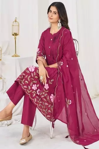 Embroidered cotton kurta with pant & dupatta set for women