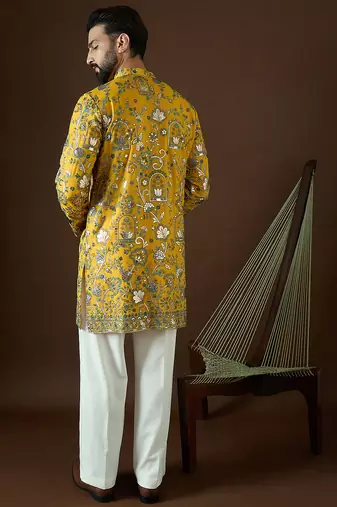Men’s yellow georgette solid embroidered kurta with trouser set | trendy designer ethnic wear for wedding, festive
