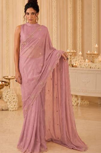 Pink embellished beads and stones satin designer saree