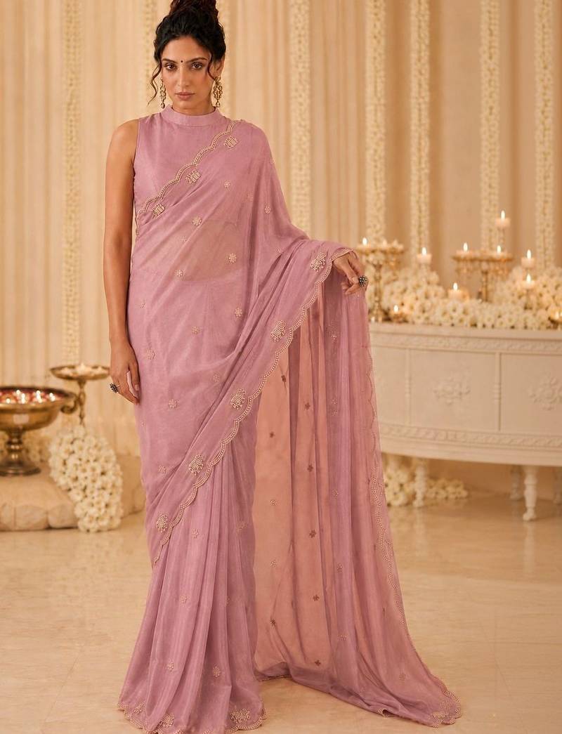 Pink embellished beads and stones satin designer saree